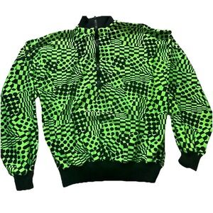 Vintage 80s Hot Chillys Neon Green Black  Geometric Check Pullover Jacket S USA